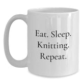 Funny Knitting Gifts for Men and Women - Eat. Sleep. Knitting. Repeat. White Coffee Mug, Graduation Unique Gifts from Family to Friends - Main